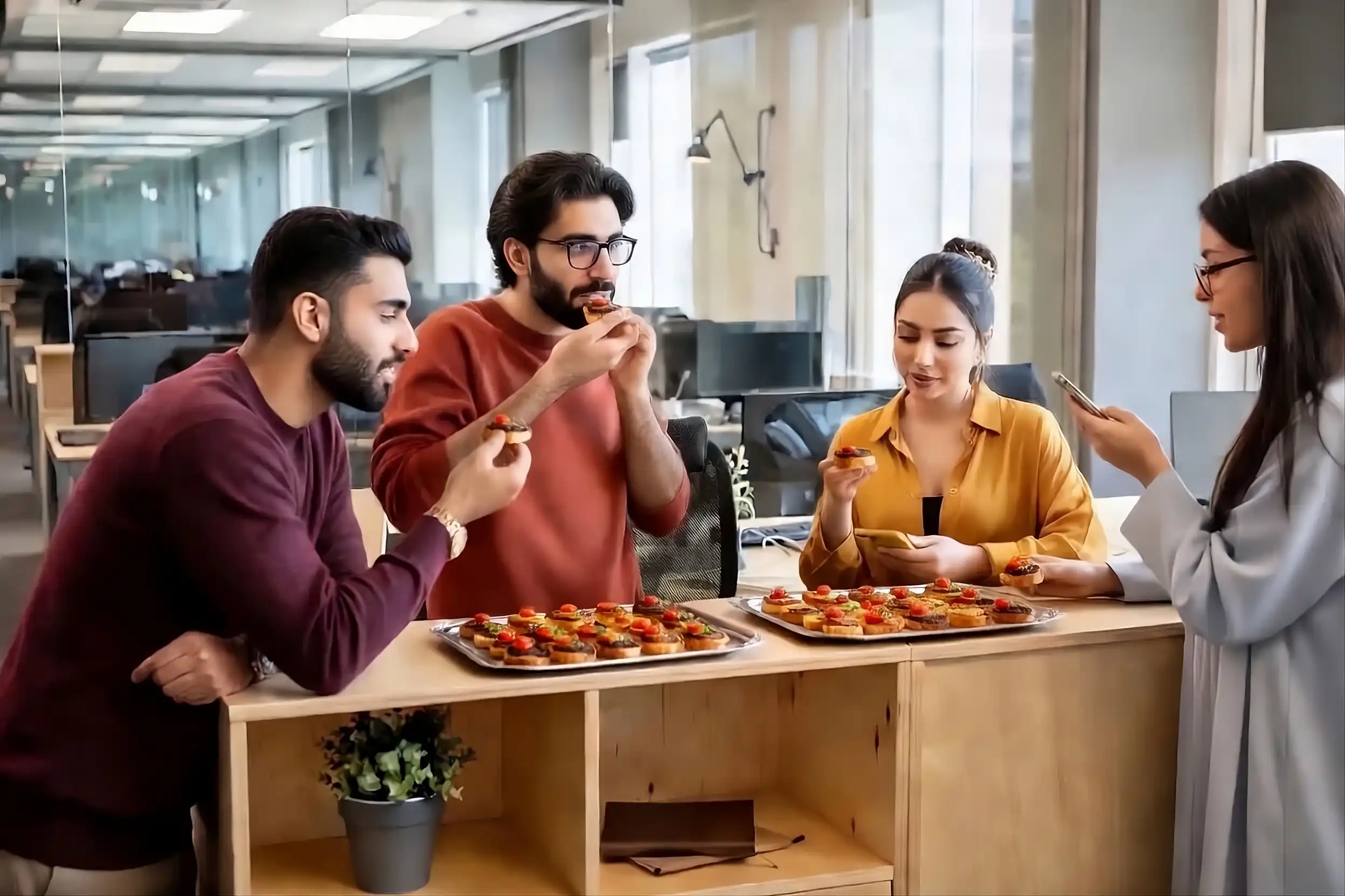 Colleagues eating lunch together in a modern office kitchen.